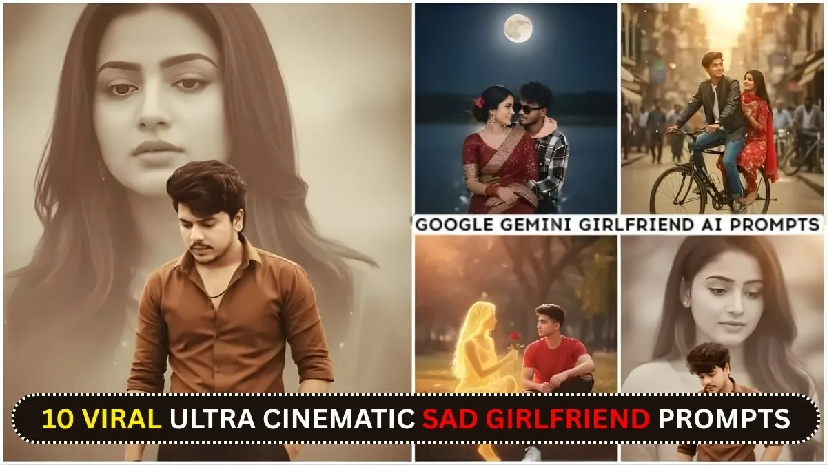 A collage of AI-generated romantic couple portraits showing emotional, cinematic, and fantasy scenes — including moonlight, bicycle ride, and nostalgic love memories created using Gemini AI.