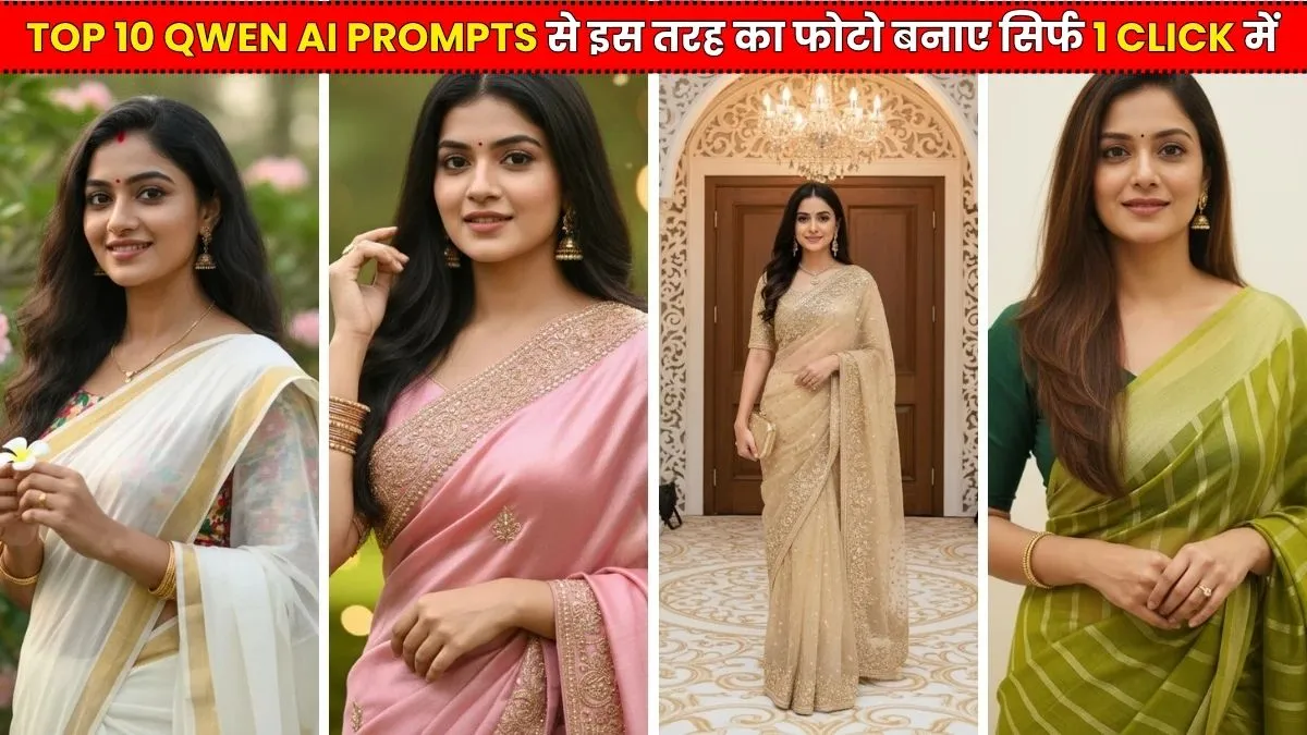 “Four elegant women in different saree styles — white Kerala saree, pink silk saree, golden bridal saree, and green striped saree — showcasing realistic Qwen AI photo editing prompts for traditional Indian portraits.”